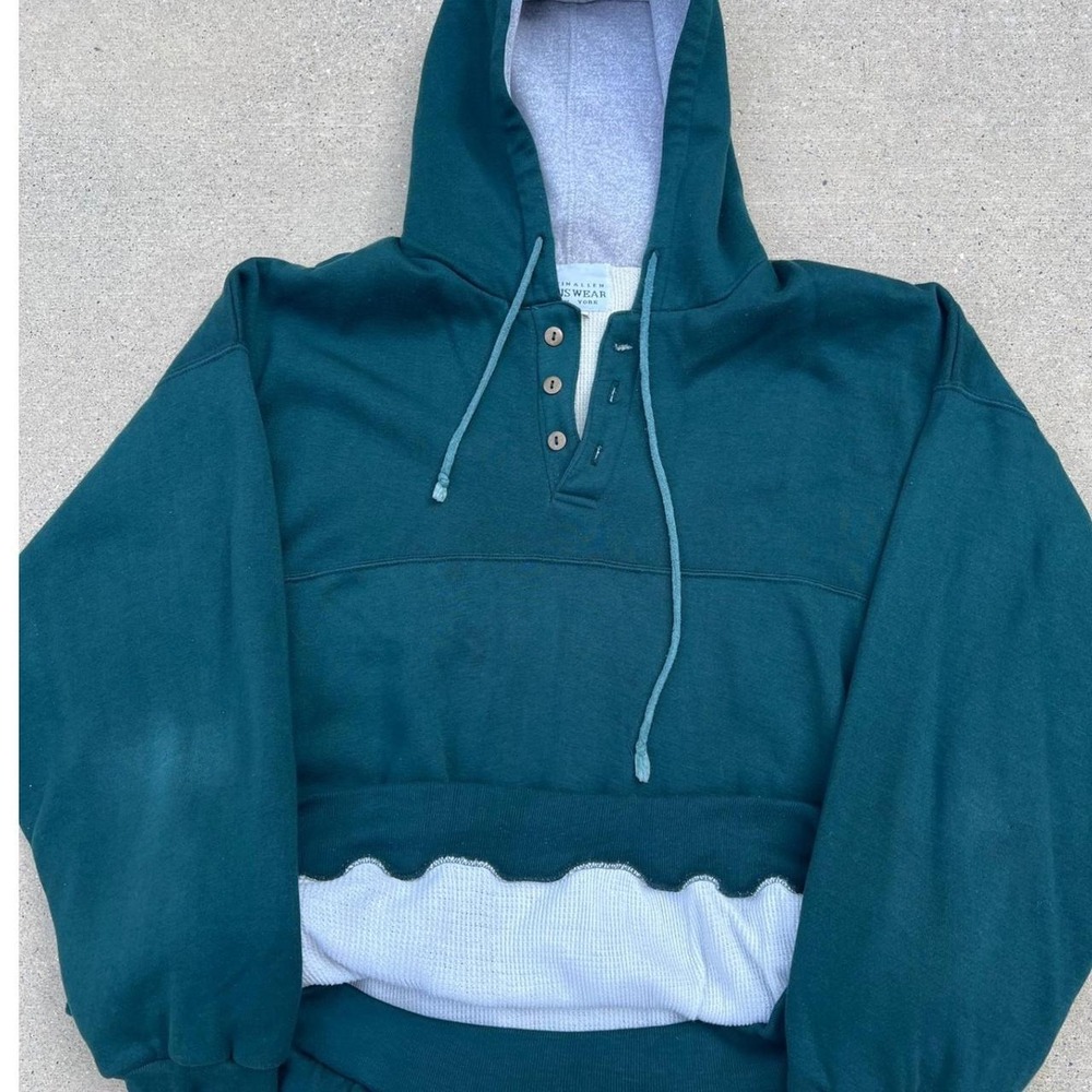 Hoodie Mens XL Green Henley Thermal Lined Vintage Style